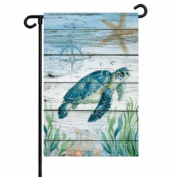 Blue Coastal Nautical Ocean Garden Flags for Outside Sea Turtle on Wood Texture Double Sided Yard Flags Outdoor House Decoration, Small 12X18 Inch,