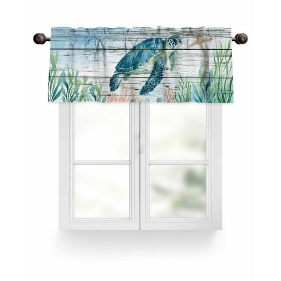 Blue Coastal Nautical Ocean Kitchen Valances for Windows Sea Turtle on Wood Texture Valance Curtains&nbsp; for Kitchen /Living Room/Bedroom/ Bathroom Decor, 54"x18 " ,Rod Pocket 1 Panel,