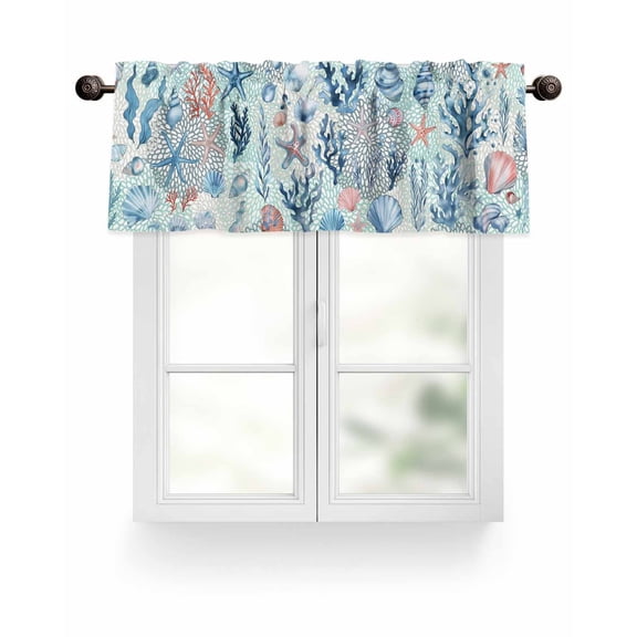 Blue Coastal Nautical Ocean Kitchen Valances for Windows Seashell Starfish Seagrass Valance Curtains  for Kitchen /Living Room/Bedroom/ Bathroom Decor, 54"x18 " ,Rod Pocket 1 Panel,