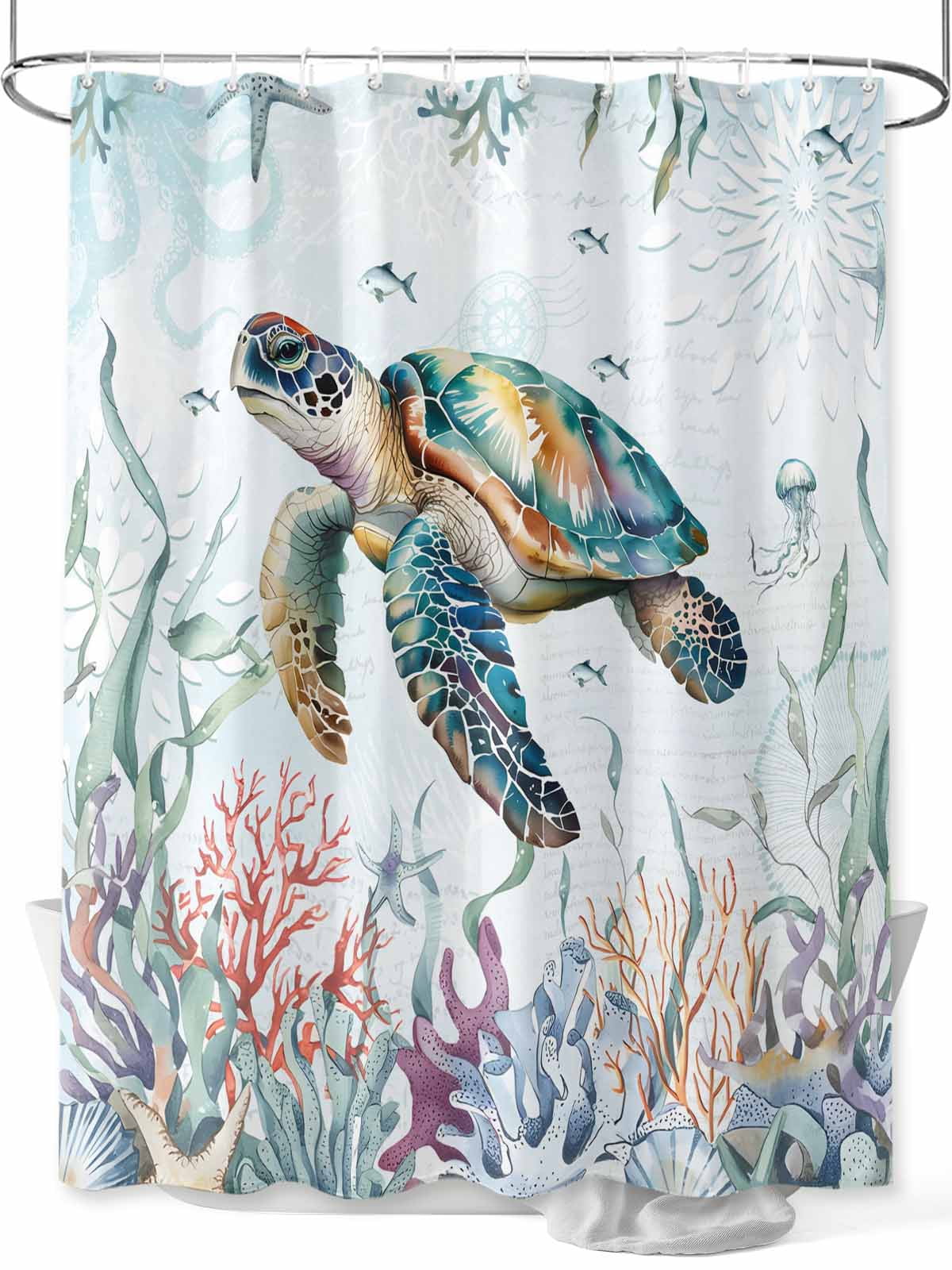Blue Coastal Nautical Ocean Shower Curtain, Sea Turtle Coral Bathroom ...