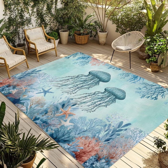 Blue Coastal Nautical Outdoor Rug for Patio/Deck/Porch, Non-Slip Large Area Rug 3 x 5 Ft, Summer Ocean Starfish Coral Jellyfish Indoor Outdoor Rugs Washable Area Rugs, Camping Rug Carpet Runner