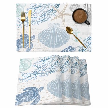 Navy Blue Coral Coastal Placemats Set of 12, Cotton Linen Fabric Place ...