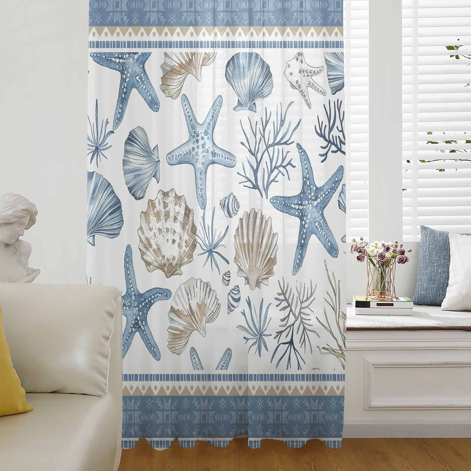 Blue Coastal Nautical Semi Sheer Curtains Drapes for Living Room ...