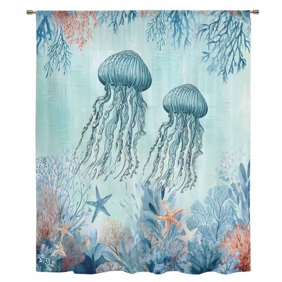 Blue Coastal Nautical Sheer Curtains 72 Inches Long, Summer Ocean Starfish Coral Jellyfish Light Filering Curtains, Breathable Simi Curtain Privacy Drapes for Living Room Bedroom Window Treatment