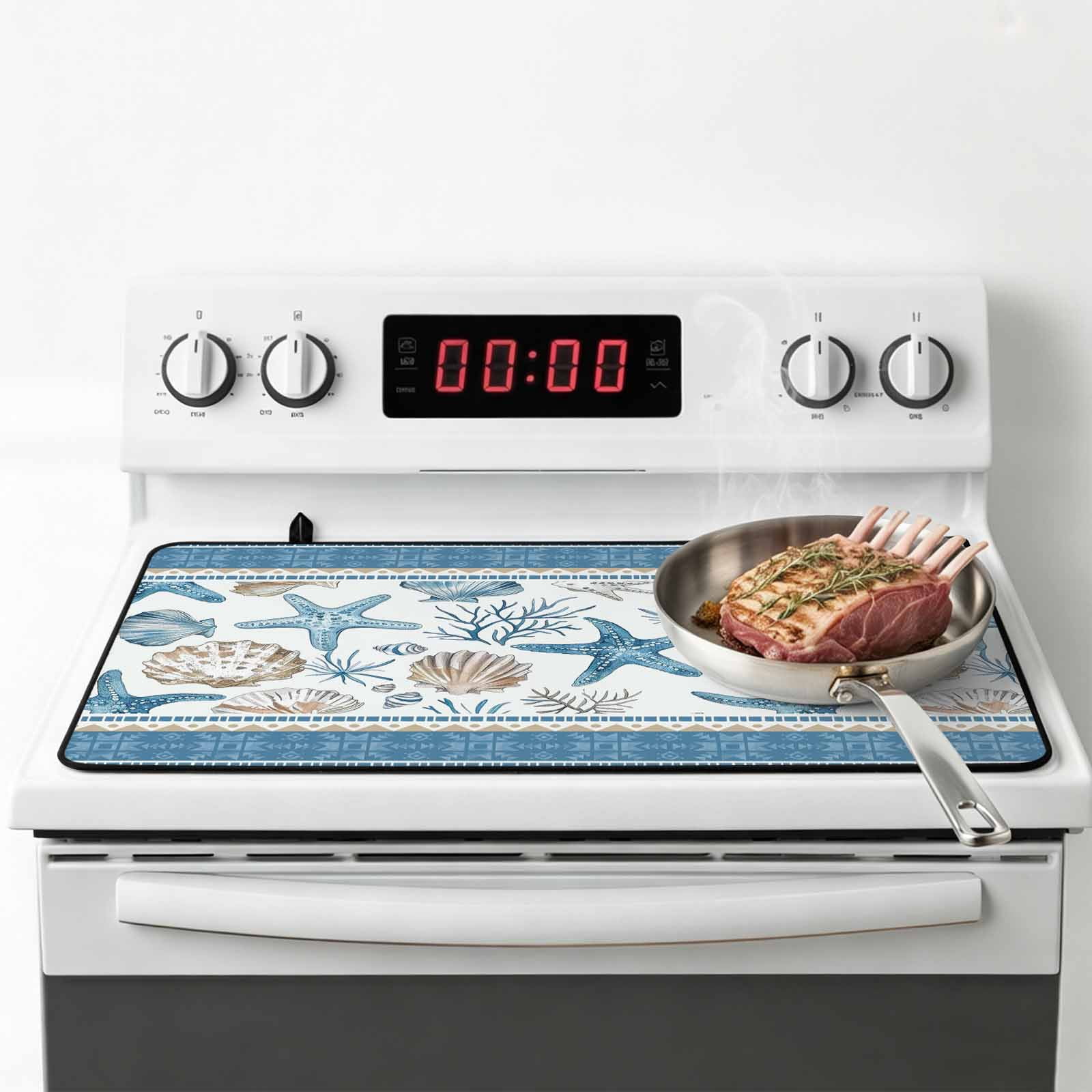 Blue Coastal Nautical Stove Top Cover for Electric Stove, Heat-proof & Non Slip Glass Top Stove Cover Protector, Summer Beach Starfish Shell Coral Kitchen Flat Cooktop Rubber Mat 24x21 Inches