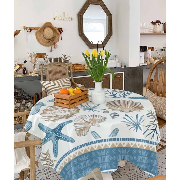Blue Coastal Nautical Tablecloth Square Table Cloth 60x60 , Waterproof Tablecloth Outdoor Table Cloth, Summer Beach Starfish Shell Coral Washable Table Cover for Kitchen Dining Party
