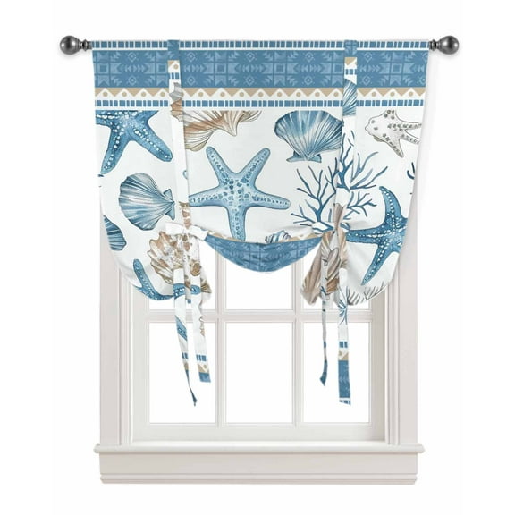 Blue Coastal Nautical Tie Up Curtains for Kitchen Bathroom Bedroom Windows 45 Inch Length, Summer Beach Starfish Shell Coral Balloon Drape Curtains Shade Rod Pocket Drapery Curtain Panel, 34"x45"