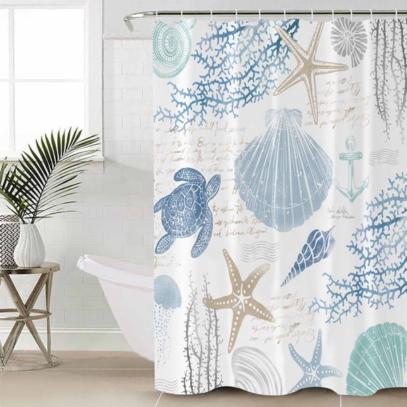Blue Coastal Nautical Waterproof Fabric Shower Curtain,Beach Sea Turtle Ocean Coral Starfish Shower Curtain for Bathroom Curtains Bathtubs Hotel Shower Curtains with 12 Hooks Extra Long 72x96