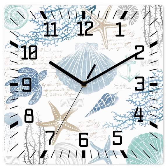 Blue Coastal Nautical Wooden Wall Clock Silent Non Ticking, Beach Sea Turtle Ocean Coral Starfish Square Wall Clocks Battery Operated, Decor Clock for Home Office, Living Room, Kitchen, 12 Inch