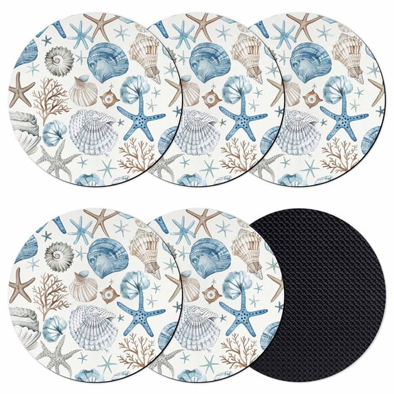Blue Coastal Ocean Beach Themed Coasters for Drinks,Absorbent Non Slip Rubber Drink Coasters Set of 6 for Cup,Table,Bar,Home Decor, Nautical Coral Starfish