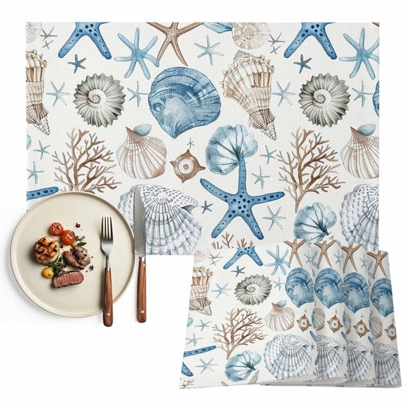 Blue Coastal Ocean Beach Themed Placemats Set of 2, Nautical Coral Starfish Table Mats Washable Heat-Insulation Non-Slip Place Mats for Kitchen Dinner Table Indoor Outdoor Decor,13x19 Inch