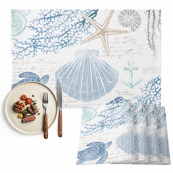 Blue Coastal Ocean Beach Themed Placemats Set of 2, Sea Turtle Starfish Shell Table Mats Washable Heat-Insulation Non-Slip Place Mats for Kitchen Dinner Table Indoor Outdoor Decor,13x19 Inch