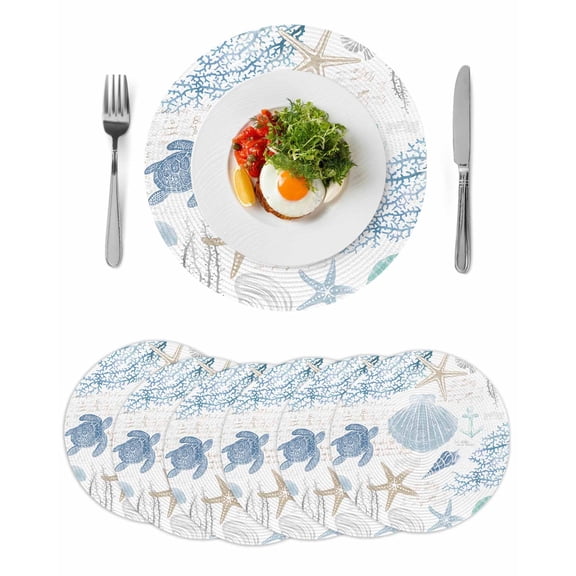 Blue Coastal Ocean Beach Themed Round Table Placemats set of 6, Sea Turtle Starfish Shell Washable Woven Place Mats for Dining Tables Kitchen Party Decor,Heat Proof, 15in,