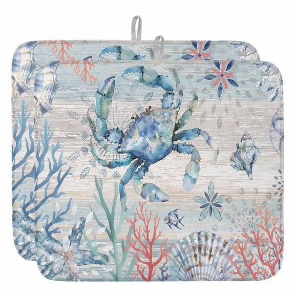 Blue Coastal Ocean Dish Drying Mat, Crab Coral Shell Absorbent Dish Drying Matt Pad for Kitchen Countertops,Sinks,Dish Drainer Racks, Small 16x18inx2 Pcs, L