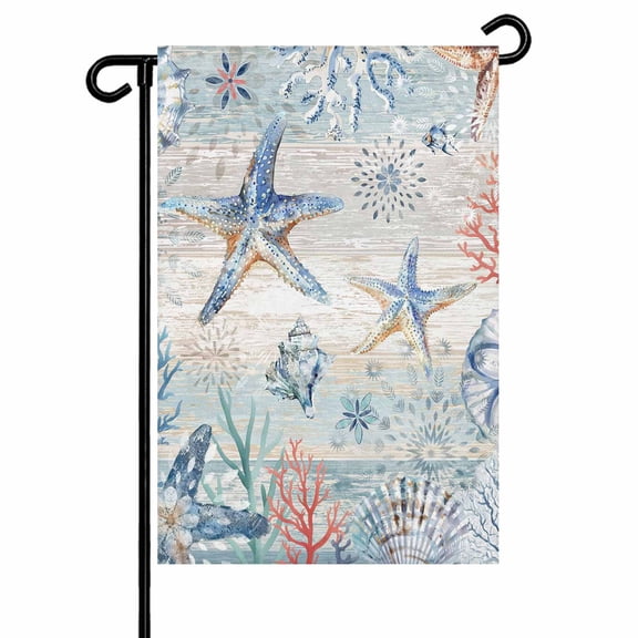 Blue Coastal Ocean Garden Flags for Outside Starfish Coral Shell Double Sided Yard Flags Outdoor House Decoration, Small 12X18 Inch, Retro Wood Texture