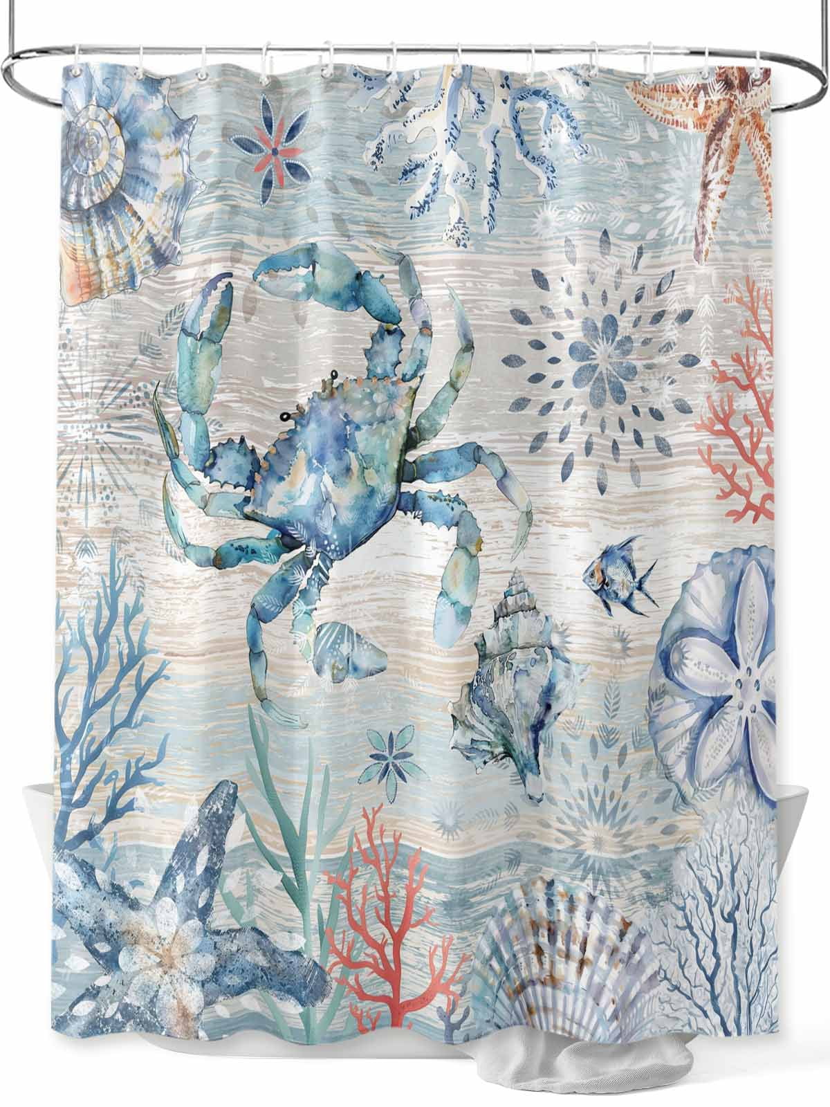 View of Blue Coastal Ocean Shower Curtain, Crab Coral Shell Bathroom Decor ...