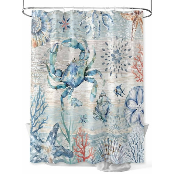 Blue Coastal Ocean Shower Curtain, Crab Coral Shell Bathroom Decor Curtains Set with Hooks, L Waterproof Fabric Home Accessories, 72 X 78 Inch Long