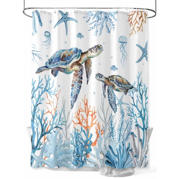 Blue Coastal Ocean Shower Curtain, Sea Turtle Starfish Coral Bathroom Decor Curtains Set with Hooks, White Waterproof Fabric Home Accessories， 72 X 72 Inch Long