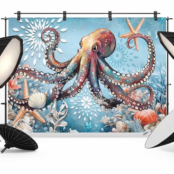 Blue Coastal Octopus Backdrop for Photoshoot,Photography Photo Studio Background Wall Backdrop,Summer Beach Starfish Botanical Back Drop Banner Panel for Portraits Wedding Party Live Streaming 10x8Ft