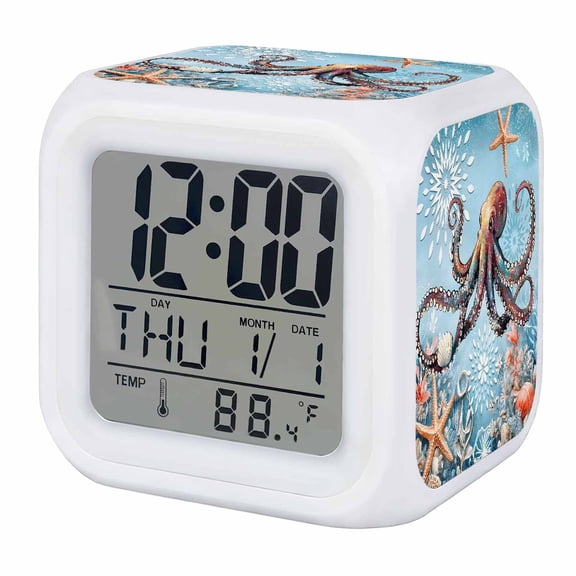 Blue Coastal Octopus Digital Alarm Clock for Bedrooms, Smart LED Alarm Clock with 7 Color Changing Night Light, Summer Beach Starfish Botanical Silent Wake Up Clocks for Sleep Study Cooking 3.2"x3.2"