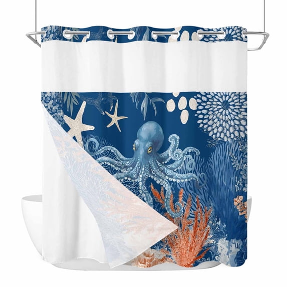 Blue Coastal Octopus No Hook Shower Curtain with Snap in Liner, Waterproof Fabric Shower Curtains, Nautical Undersea Creatures Leaves Shower Curtain Set Top See Through for Bathroom 72"x78"