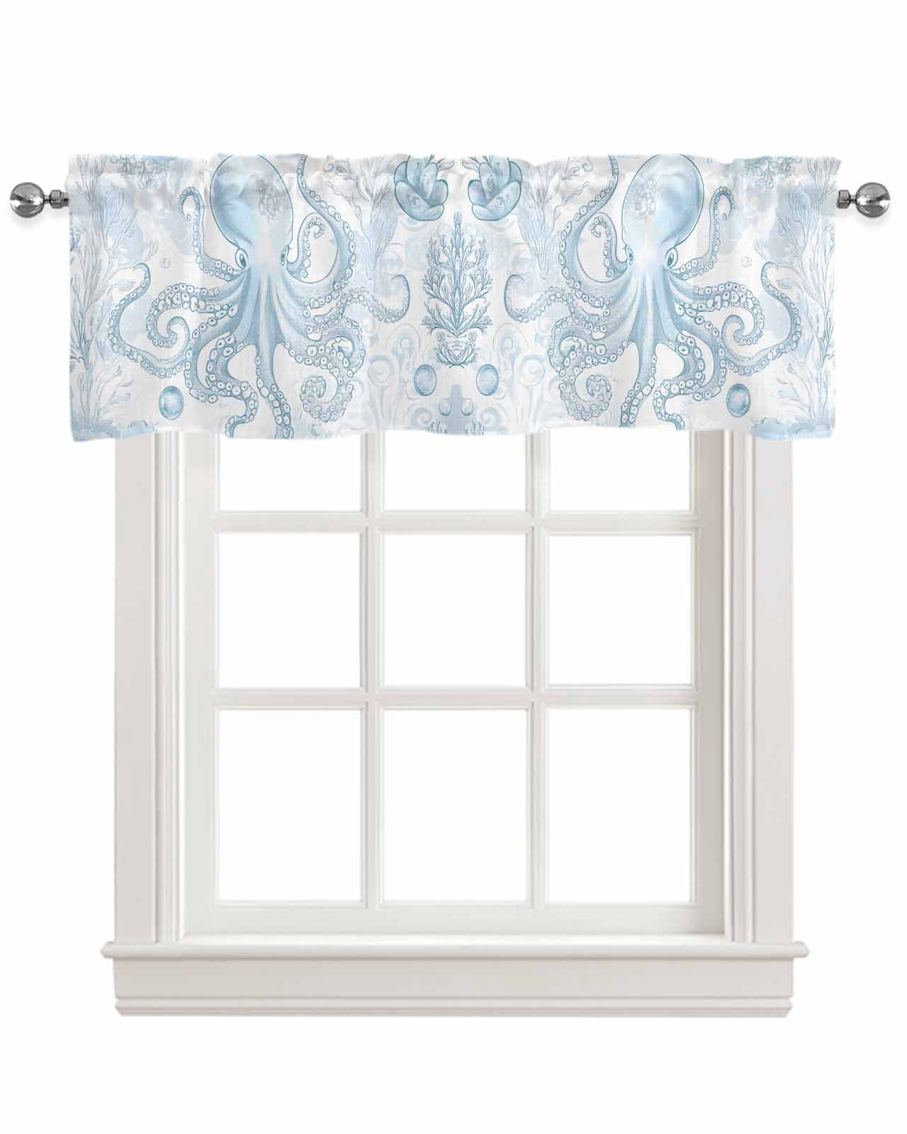 Blue Coastal Octopus Kitchen Valances for Windows Farmhouse Linen Window Valance Curtain for Living Room Window Treatment Summer Watercolor Coral Valance Rod Pocket Topper Drape, 54 x 18 Inch