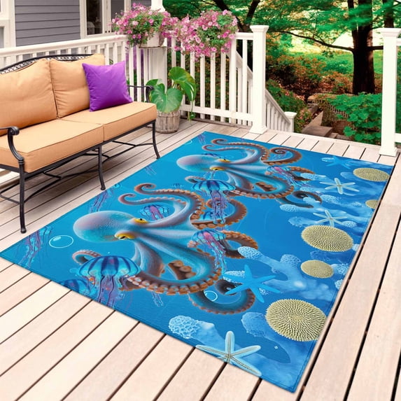 Blue Coastal Octopus Outdoor Rug 4x6 Ft, Non Slip Washable Area Rug, Coral Jellyfish Undersea Creatures Patio Rugs Carpet Runner, Large Floor Mat for Indoor/Outdoor Deck Porch Camping