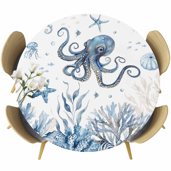 Blue Coastal Octopus Round Tablecloth 55-60 Inch Round Fitted Table Cloth with Elastic Edge, Summer Ocean Sea Coral Shells Waterproof Table Cover Protector for Outdoor Picnic Party Dining