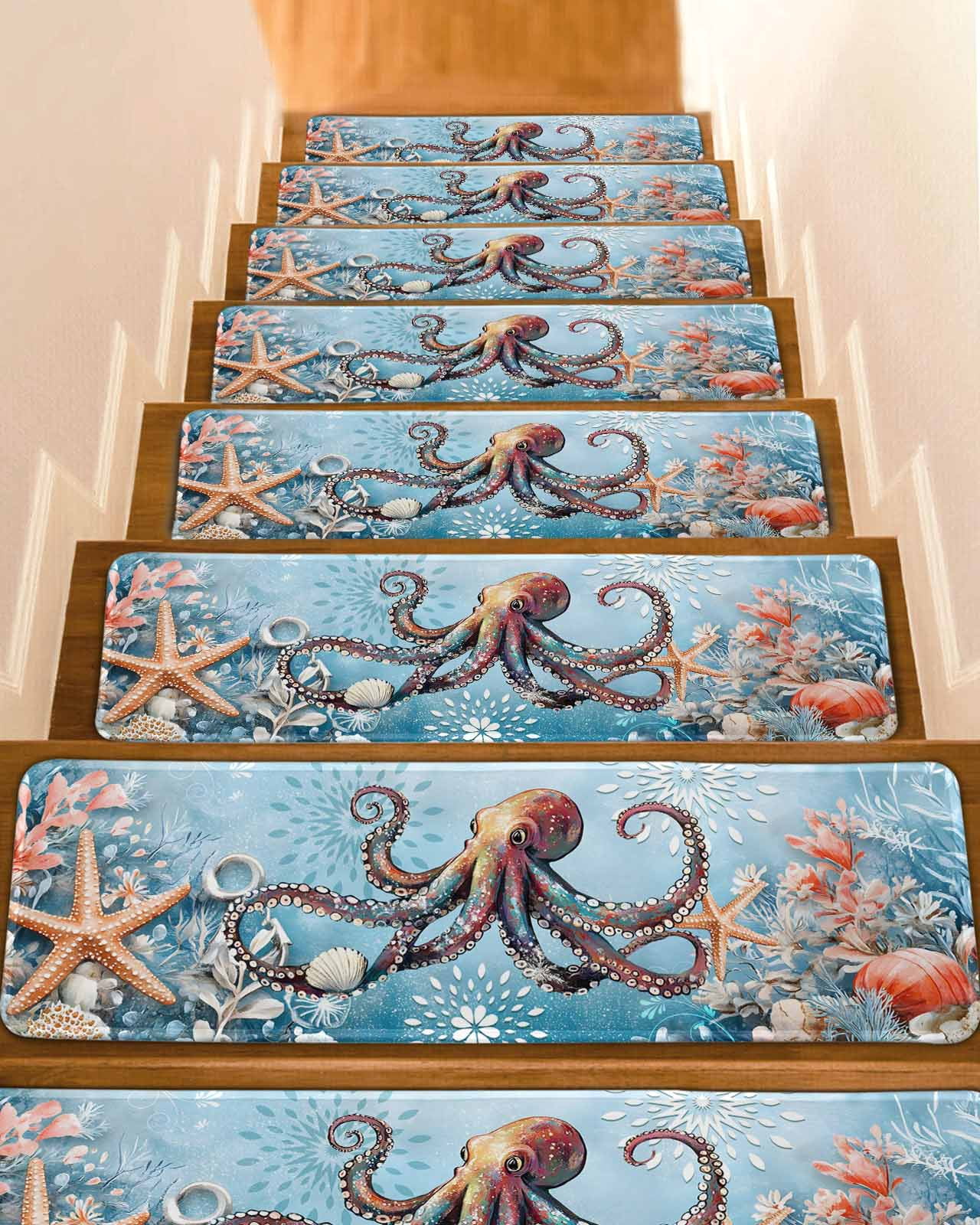 Blue Coastal Octopus Stair Treads for Wooden Steps Indoor Runner Rug ...