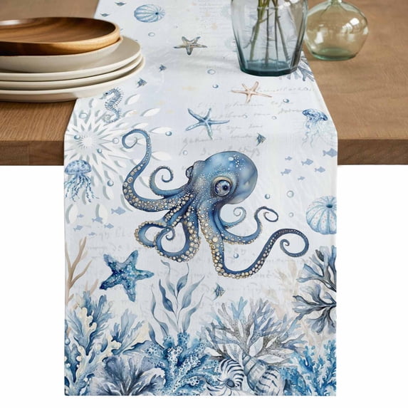 Blue Coastal Octopus Table Runner 70 Inches, Summer Ocean Sea Coral Shells Texture Bed Runner Dresser Scarves Tabletop for Indoor Outdoor Parties/Ceremony/Banquet, 13" x 70"