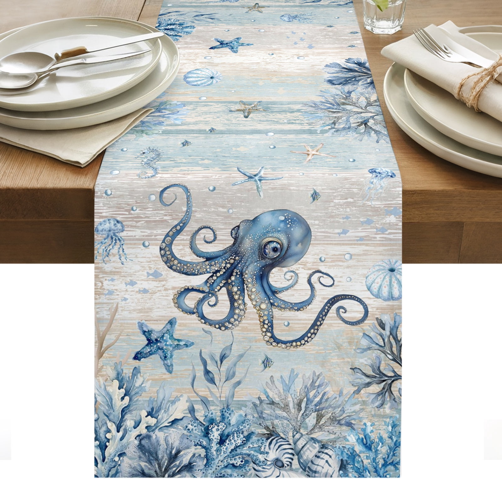 Tabletop Shells Blue Coastal Octopus Table Runner Summer Vintage Ocean Sea Coral Shells ...