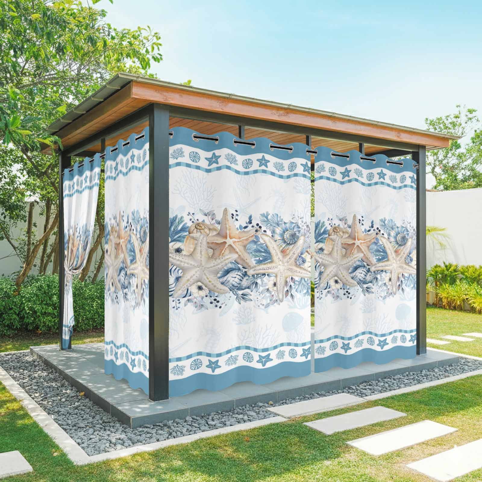 Blue Coastal Outdoor Curtains for Patio, Eucalyptus Leaves Starfish Shells Summer Sunshade Privacy Drapes Grommet Waterproof Outside Curtains for Porch/Cabana/Balcony 54"x 108", 1 Panel