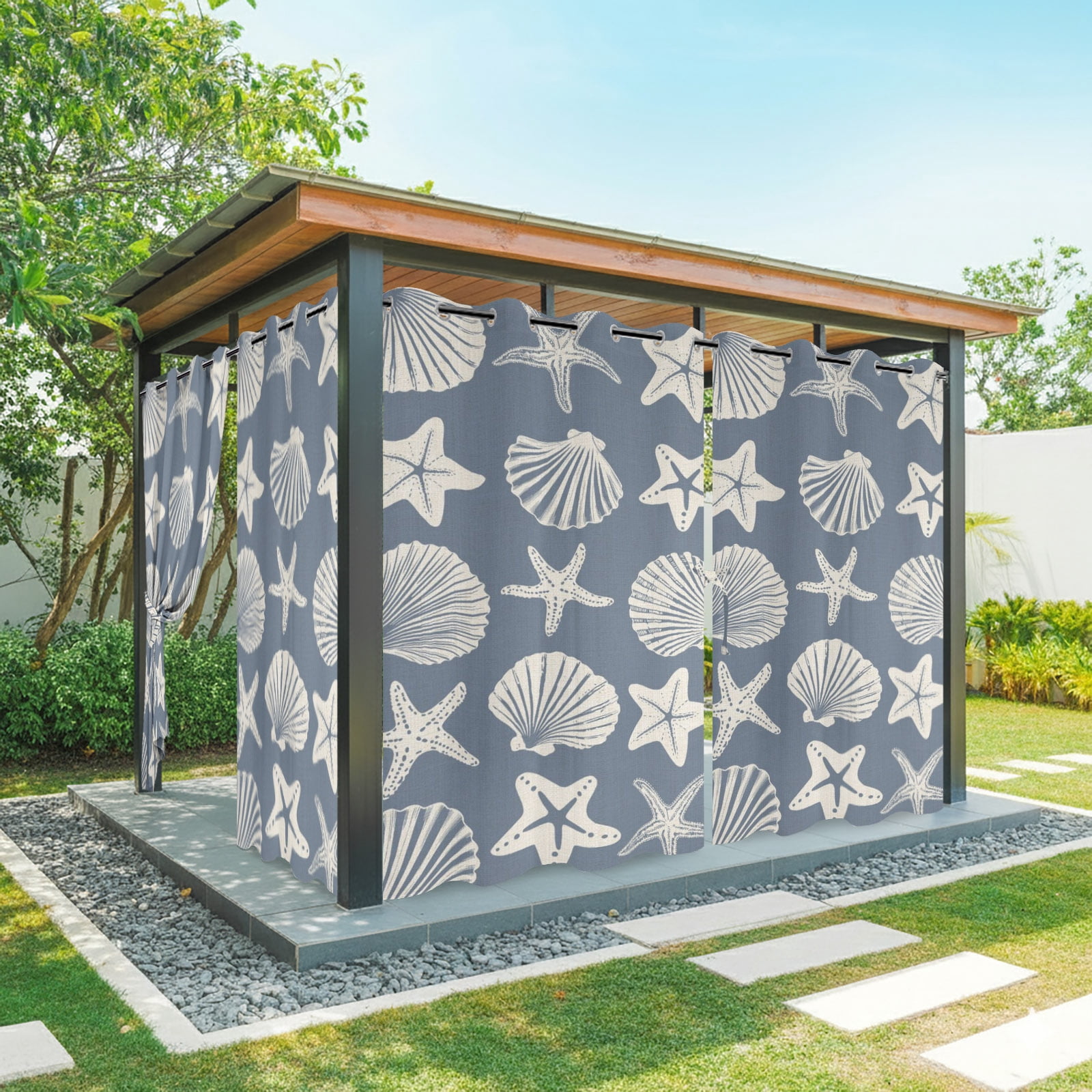 Blue Coastal Outdoor Curtains for Patio, Starfish Shell Ocean Nautical ...