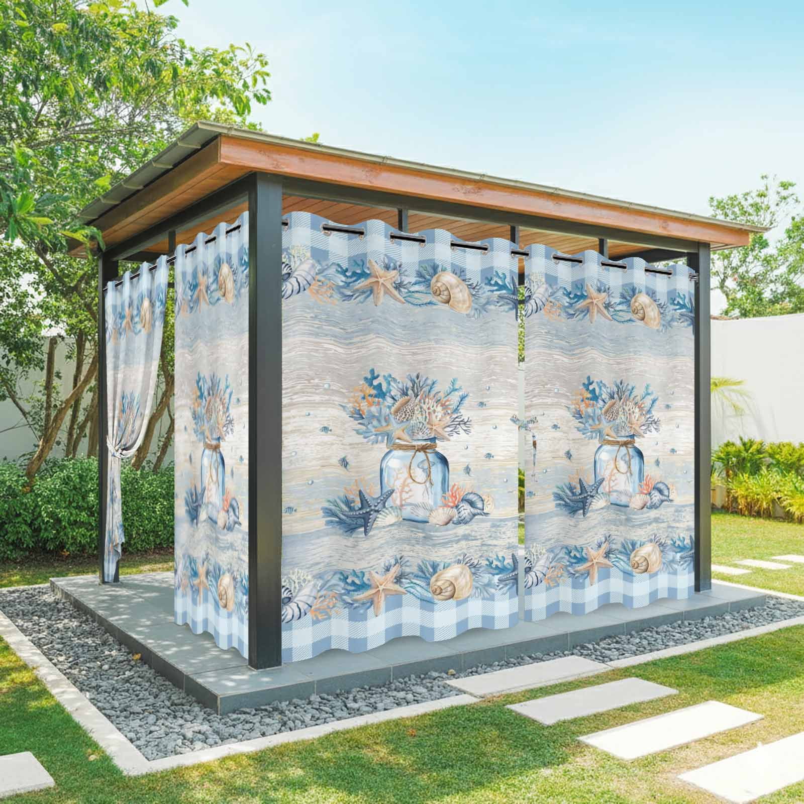 Blue Coastal Outdoor Curtains for Patio, Summer Beach Coral Starfish Vintage Plaid Ocean Sunshade Privacy Drapes Grommet Waterproof Outside Curtains for Porch/Cabana/Balcony 54"x 108", 1 Panel