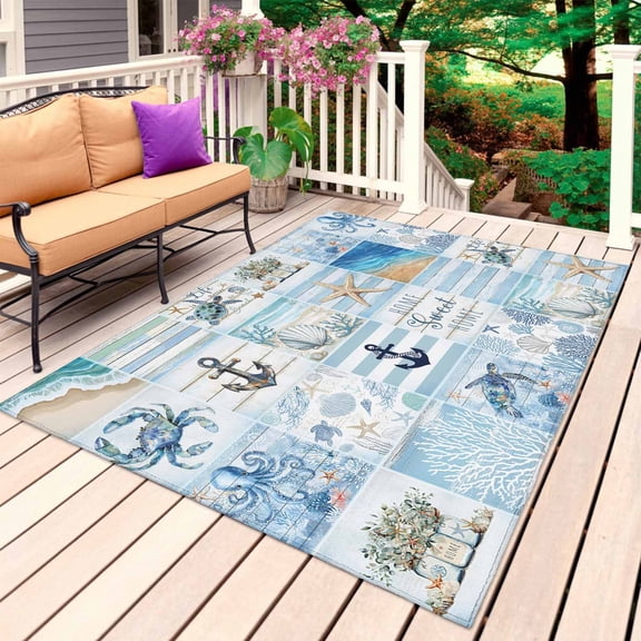 Blue Coastal Outdoor Rug 3x5 Ft, Non Slip Washable Area Rug, Turtle Nautical Anchor Octopus Starfish Coral Patio Rugs Carpet Runner, Large Floor Mat for Indoor/Outdoor Deck Porch Camping