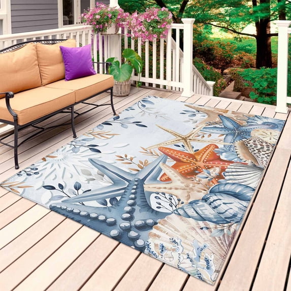 Blue Coastal Outdoor Rug 4x6 Ft, Non Slip Washable Area Rug, Summer Beach Starfish Weeping Eucalyptus Ombre Patio Rugs Carpet Runner, Large Floor Mat for Indoor/Outdoor Deck Porch Camping