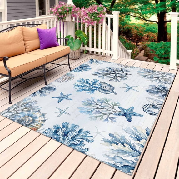 Blue Coastal Outdoor Rug 4x6 Ft, Non Slip Washable Area Rug, Summer Retro Ocean Sea Corals Starfish Shells Patio Rugs Carpet Runner, Large Floor Mat for Indoor/Outdoor Deck Porch Camping