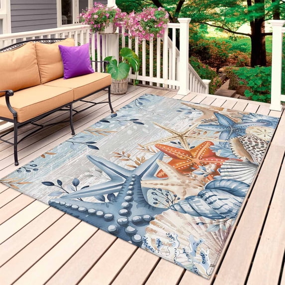 Blue Coastal Outdoor Rug 5x7 Ft, Non Slip Washable Area Rug, Summer Beach Starfish Weeping Eucalyptus Vintage Patio Rugs Carpet Runner, Large Floor Mat for Indoor/Outdoor Deck Porch Camping