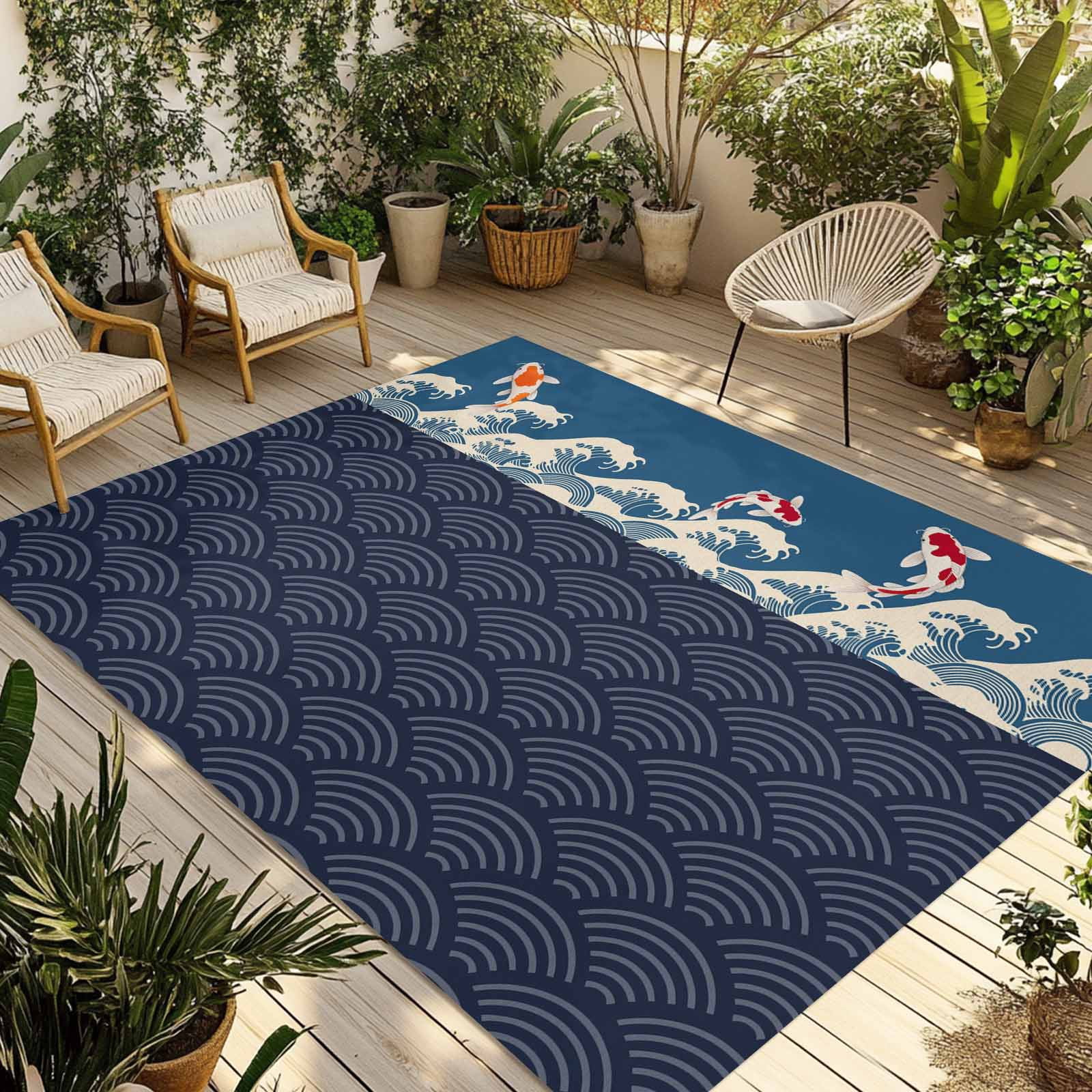 Blue Coastal Outdoor Rug 5x7 Ft - Reversible Patio Rug Outdoor Camping ...