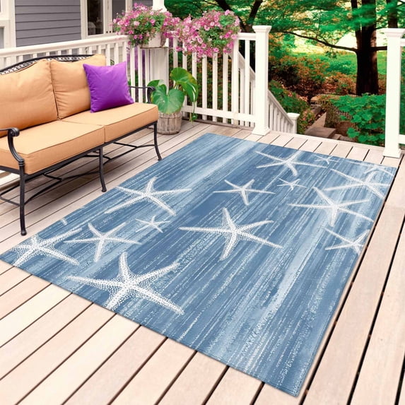 Blue Coastal Outdoor Rug 6x9 Ft, Non Slip Washable Area Rug, Summer Ocean Waves Ombre Sea Starfish Patio Rugs Carpet Runner, Large Floor Mat for Indoor/Outdoor Deck Porch Camping