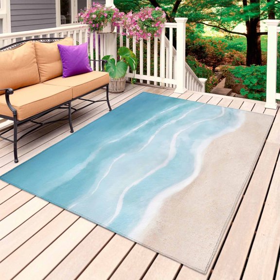 Blue Coastal Outdoor Rug 6x9 Ft, Non Slip Washable Area Rug, Waves Summer Beach Ocean Sea Patio Rugs Carpet Runner, Large Floor Mat for Indoor/Outdoor Deck Porch Camping