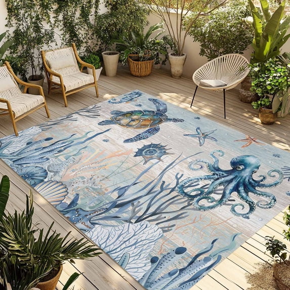 Blue Coastal Outdoor Rug for Patio/Deck/Porch, Non-Slip Large Area Rug 3 x 5 Ft, Sea Turtle Octopus Coral Beach Nautical Indoor Outdoor Rugs Washable Area Rugs, Reversible Camping Rug Carpet Runner