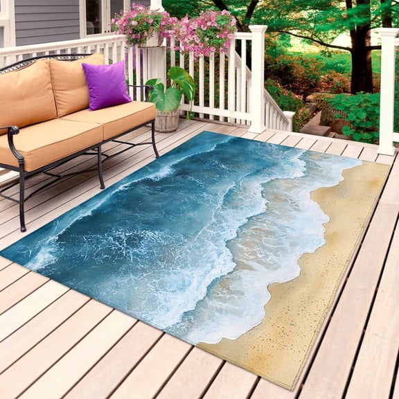 Blue Coastal Outdoor Rug for Patio/Deck/Porch, Non-Slip Large Area Rug 4 x 6 Ft, Ocean Summer Seaside Nautical Beach Indoor Outdoor Rugs Washable Area Rugs, Reversible Camping Rug Carpet Runner