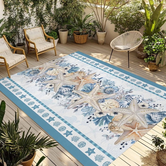 Blue Coastal Outdoor Rug for Patio/Deck/Porch, Non-Slip Large Area Rug 5 x 7 Ft, Ocean Eucalyptus Starfish Coral Leaves Indoor Outdoor Rugs Washable Area Rugs, Reversible Camping Rug Carpet Runner