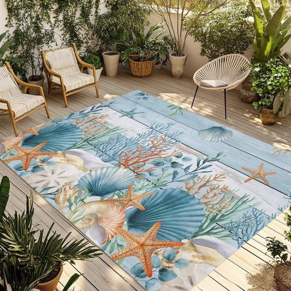 Blue Coastal Outdoor Rug for Patio/Deck/Porch, Non-Slip Large Area Rug 5 x 7 Ft, Summer Beach Starfish Shell Coral Nautical Indoor Outdoor Rugs Washable Area Rugs, Camping Rug Carpet Runner