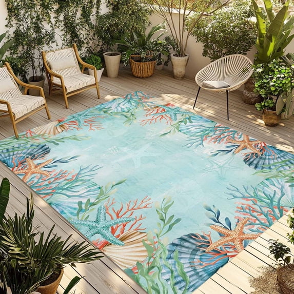 Blue Coastal Outdoor Rug for Patio/Deck/Porch, Non-Slip Large Area Rug 5 x 7 Ft, Summer Nautical Beach Coral Starfish Indoor Outdoor Rugs Washable Area Rugs, Reversible Camping Rug Carpet Runner