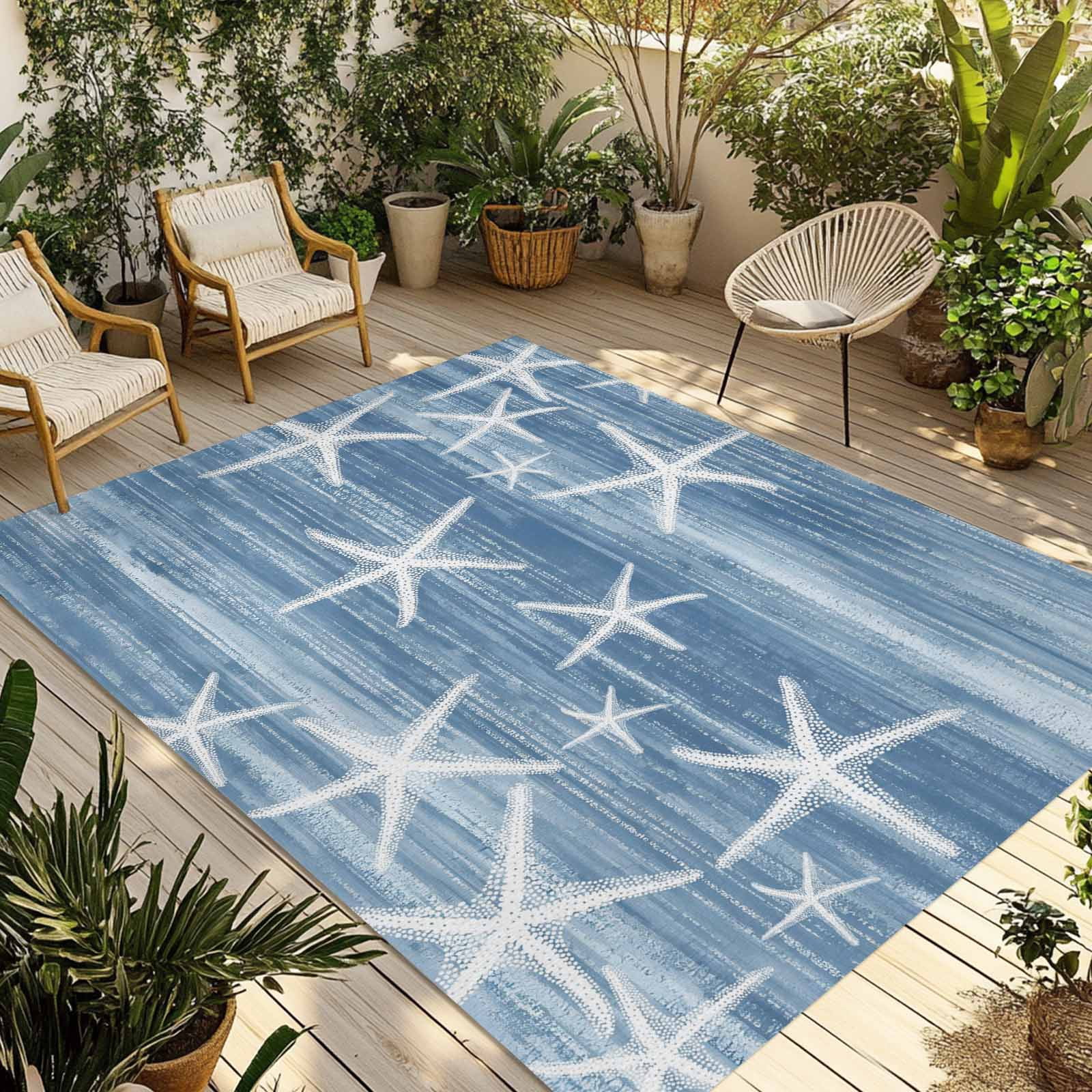 Blue Coastal Outdoor Rug for Patio/Deck/Porch, Non-Slip Large Area Rug 5 x 8 Ft, Summer Ocean Waves Ombre Sea Starfish Indoor Outdoor Rugs Washable Area Rugs, Reversible Camping Rug Carpet Runner