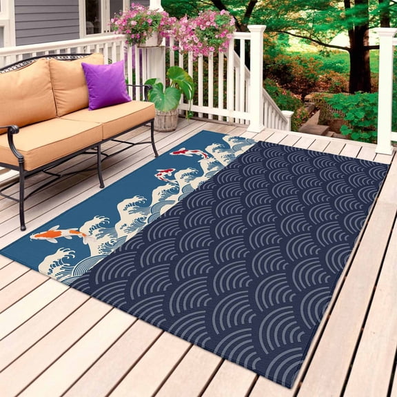 Blue Coastal Outdoor Rug for Patio/Deck/Porch, Non-Slip Large Area Rug 6 x 9 Ft, Japanese Style Wave Fish Textured Indoor Outdoor Rugs Washable Area Rugs, Reversible Camping Rug Carpet Runner