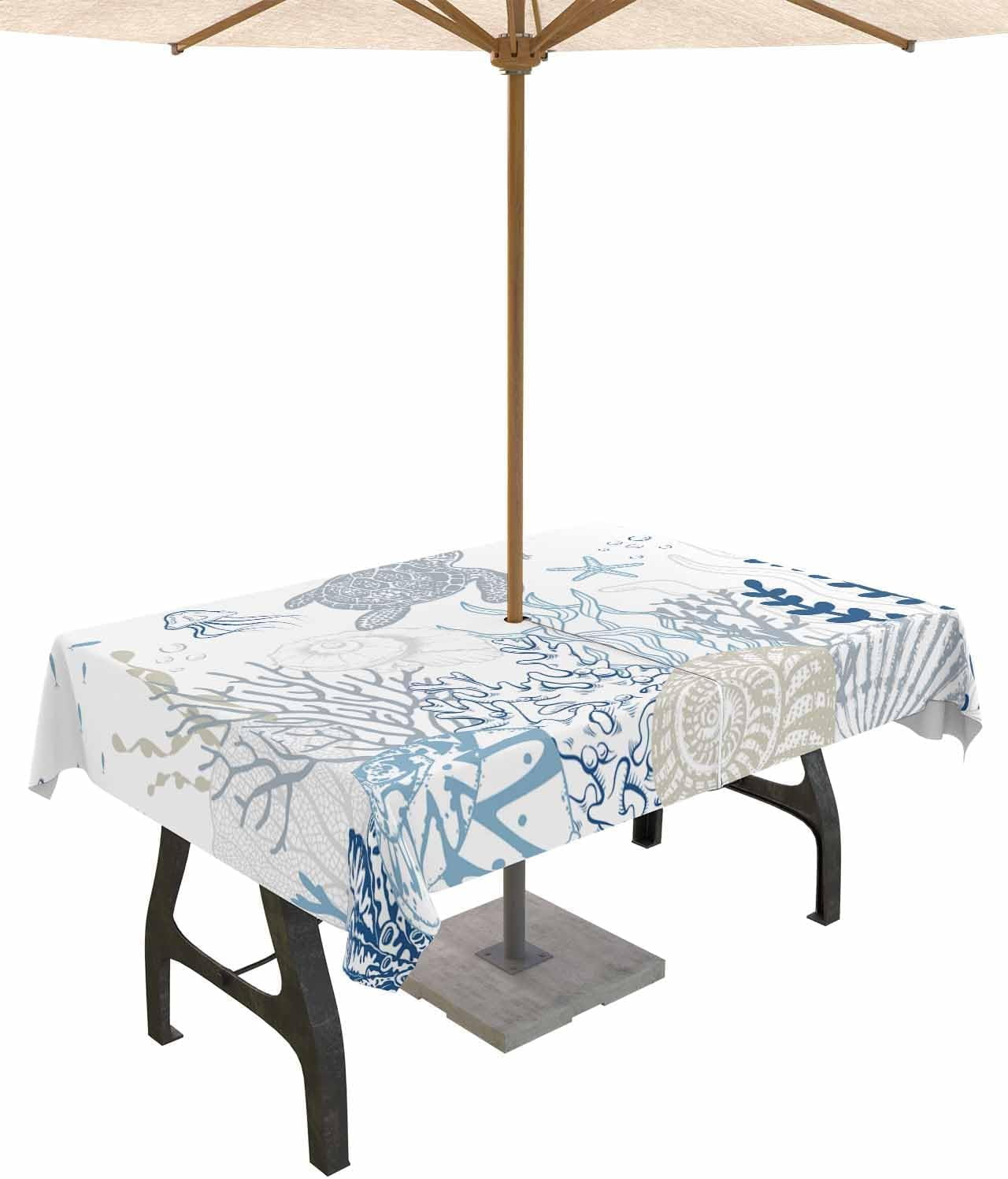 Blue Coastal Outdoor Tablecloth - 60x102 Inch Rectangle Waterproof Dining Table Cover, Nautical Summer Beach Sea Turtle Coral Outdoor Table Cloth with Umbrella Hole & Zipper for Patio