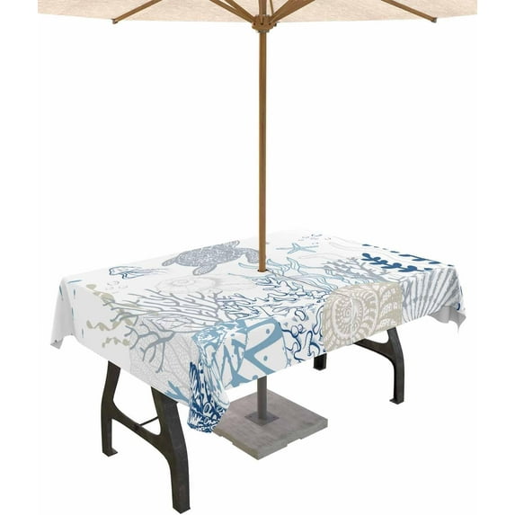Blue Coastal Outdoor Tablecloth - 60x84 Inch Rectangle Waterproof Dining Table Cover, Nautical Summer Beach Sea Turtle Coral Outdoor Table Cloth with Umbrella Hole & Zipper for Picnic/Patio